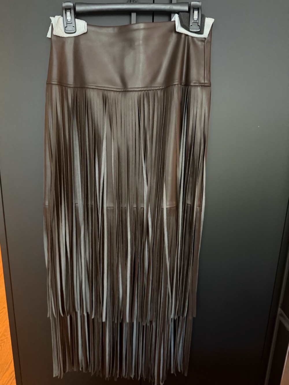L'AGENCE Brown Faux-Leather Fringe Midi Skirt
